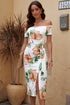 Print Off Shoulder Slit Bodycon Midi Dress